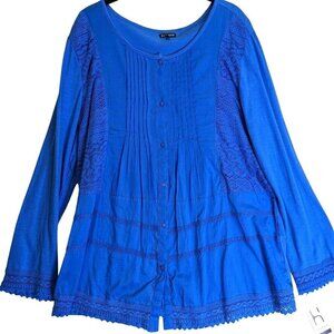 Hannah Womens Plus size 1X Blue Lace Trim Pleated Button Front Blouse Top New